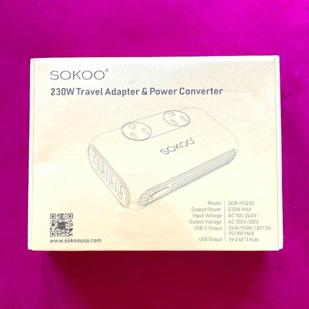 New unopened box Sokoo 230 W Travel Adapter & Power Converter Model; SGR-HS260